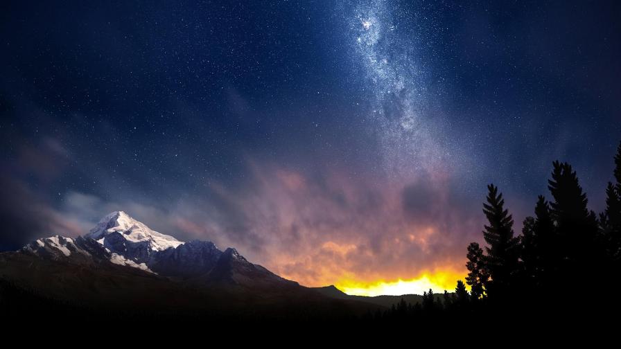 Небо, ночь, Альпы, деревья, закат, обои hd, бесплатно