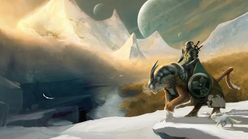 зима, рыцарь, обои, снег, горы, луна