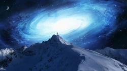 Небо, звезды, космос, горы, снег, ночь, сияние