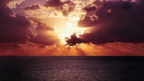 Океан, горизонт, закат, море, побережье