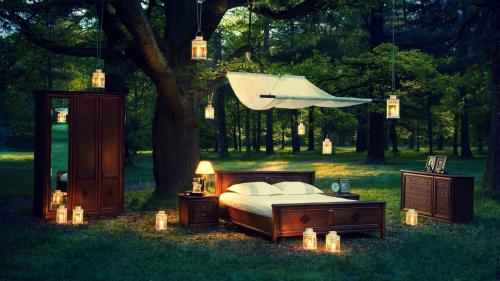 Перемещение кровати, комната, шкаф, настольные лампы, люстры, природа, лес