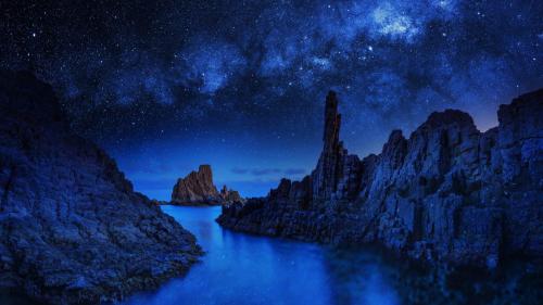 Синий, настроение, ночь, океан, отражение, река, море, небо, звезды