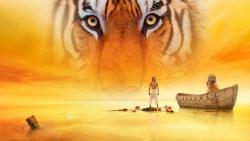Тигр в желтом небе, озеро, лодка, фоны, картинки, фэнтези