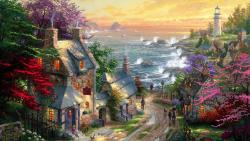Томас Кинкейд, деревня маяк, красивые пейзажи широкоэкранные для рабочего стола картинки