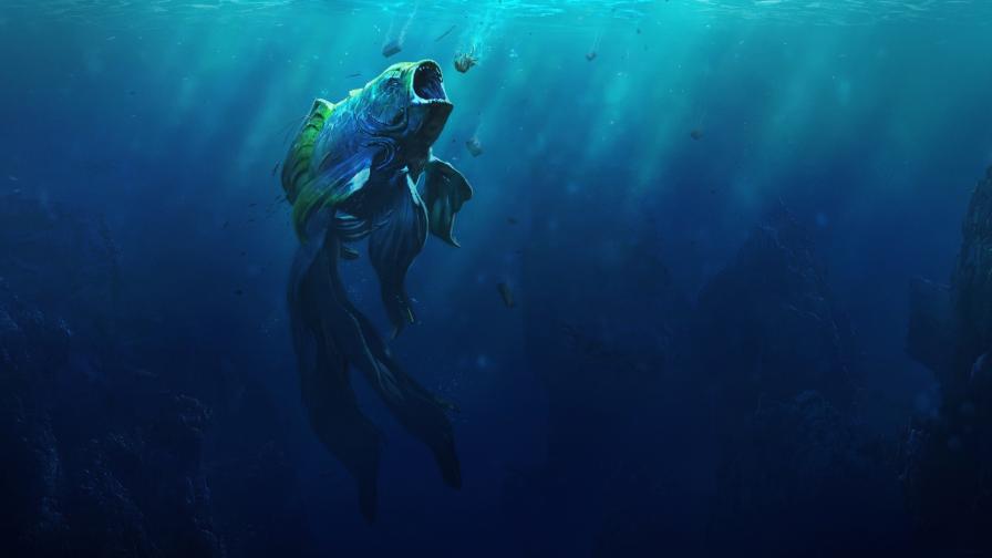 дикий монстр, золотая рыбка, подводный мир, фэнтези, рыба, обои