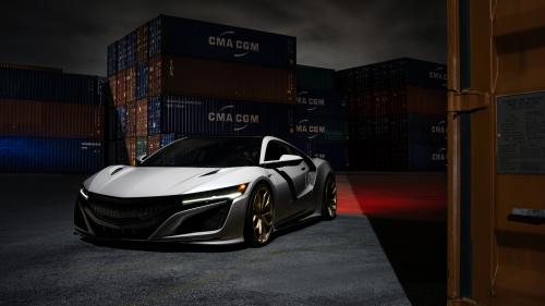 2017 Acura NSX HRE белого цвета на фоне контейнеров ночью 4k обои