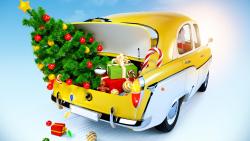 3d, Рождество, елка, подарки, Новый год, машина, праздник, картинки для рабочего стола